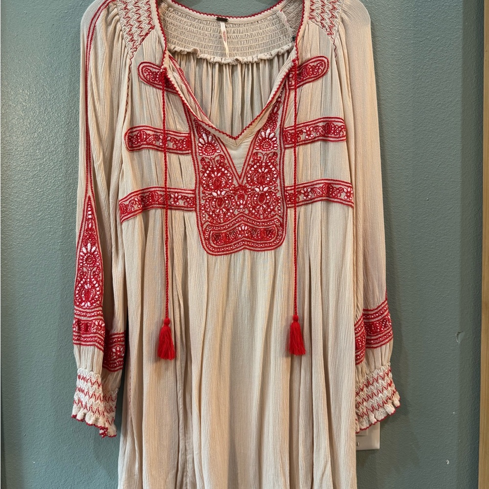 Free People Cream and Red Embroidered Mini Dress